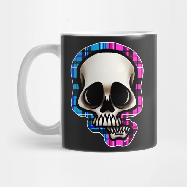 Pink and Blue Split Plaid Skull by Jan Grackle